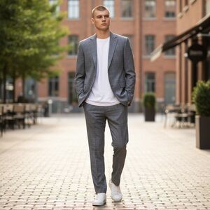 Tailored Grey Windowpane Suit — Men's Two-Piece